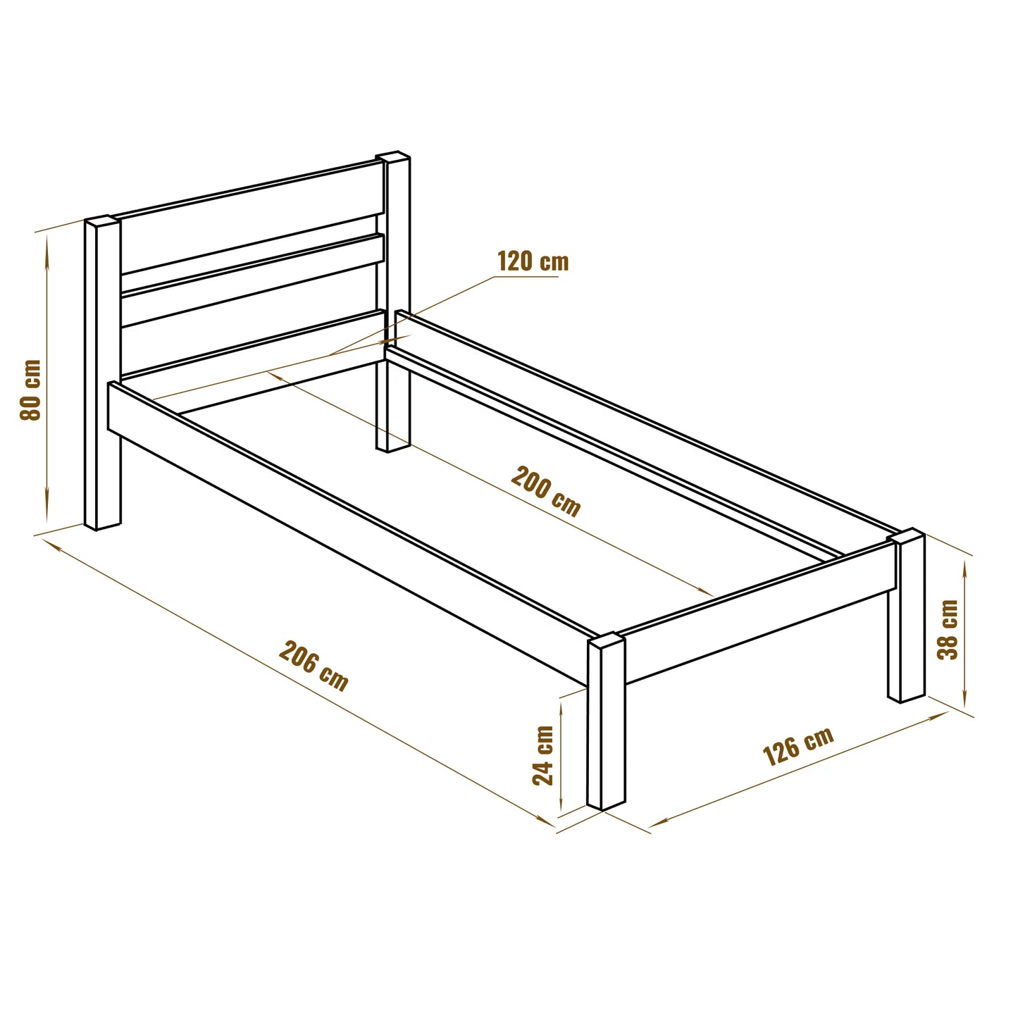 Puusänky korkealla päädyllä 120x200 ilman sälepohjaa