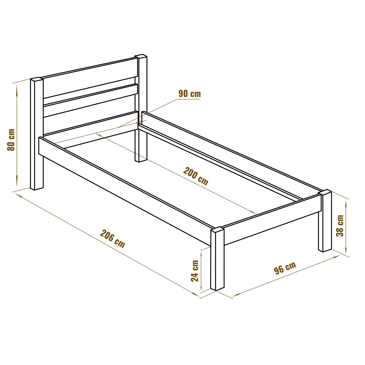 Puusänky korkealla päädyllä 90x200 ilman sälepohjaa
