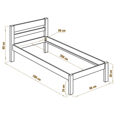 Puusänky korkealla päädyllä 90x200 ilman sälepohjaa